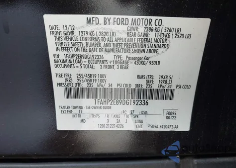 2013 Ford Taurus Sel из США, поврежденный, VIN 1FAHP2E89DG192336